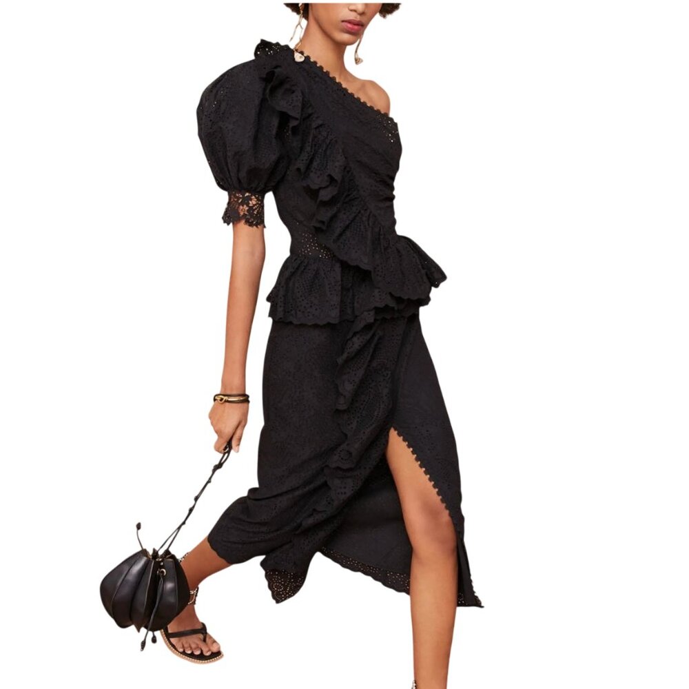 Ulla Johnson Twyla Dress in noir black size 8 one shoulder cotton eyelet midi 6